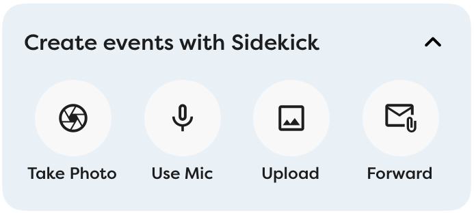 The Sidekick toolbar, showing options for Take Photo, Use Mic, Upload, and Forward.
