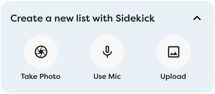 Sidekick icon bar, showing buttons for Take Photo, Use Mic, and Upload.