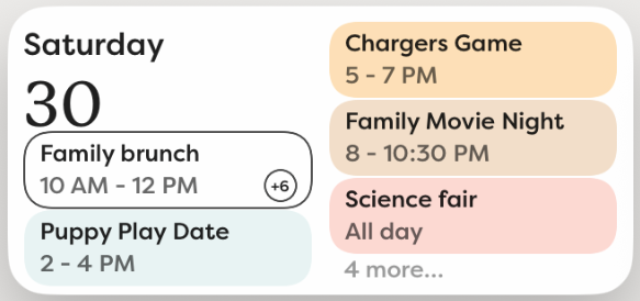 The medium calendar widget, showing the day and 5 events.