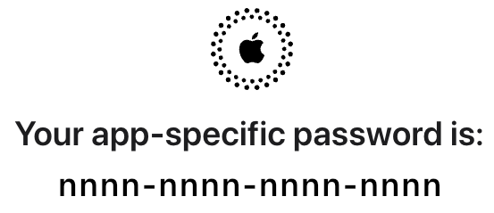 Badge showing an Apple logo and the app-specific password, in four clusters of four characters separated by hyphens.