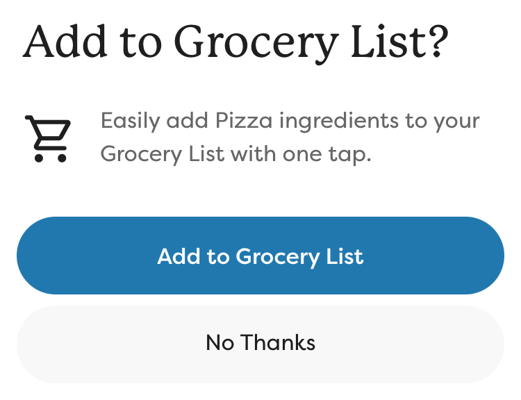 The pop-up dialog box that offers the action of adding the ingredients to the Grocery List.