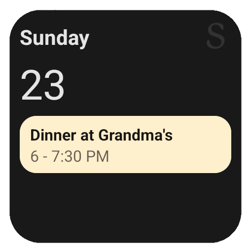 The 2x2 Android event widget, with sample data.