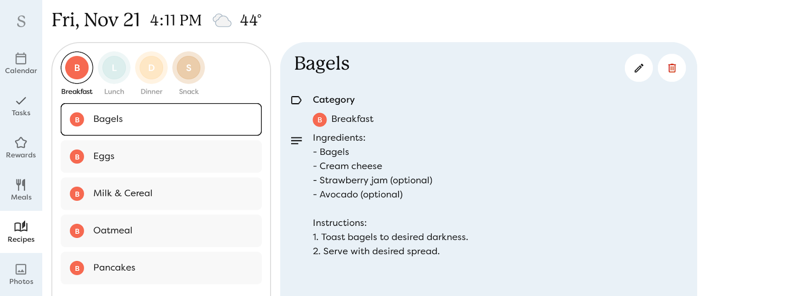 Default view of the recipes pane on a Calendar device.