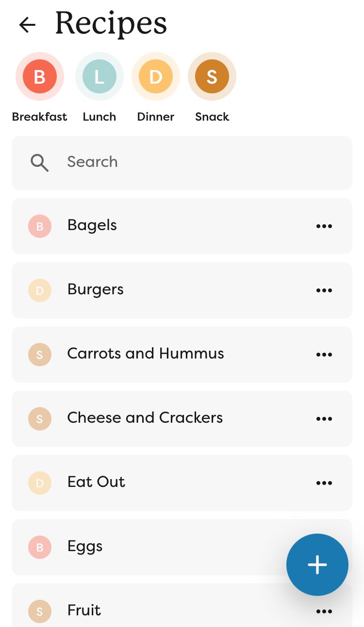 Recipe list view on the mobile app.