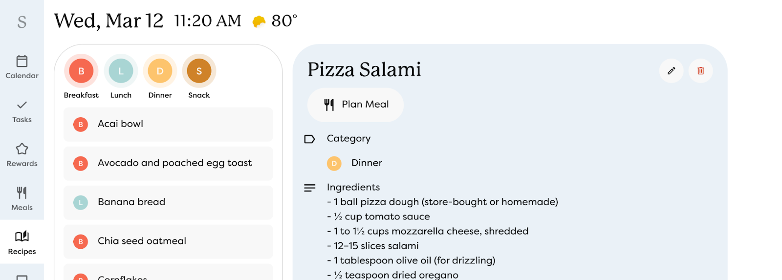 The Recipes tab on the Calendar, showing the recipe list and the details of the selected recipe.