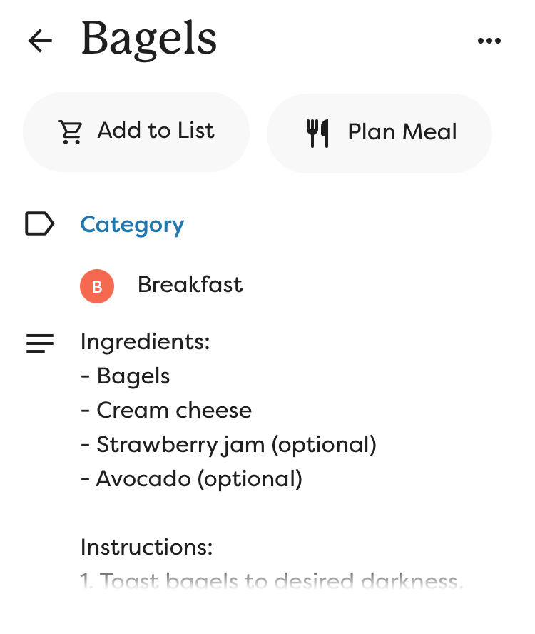 Recipe details, including the title, adding the recipe to a meal plan, the recipe category, and the text of the recipe.