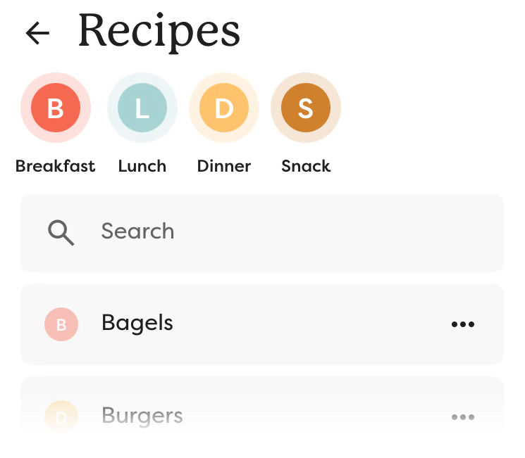 The Recipes pane displaying the category buttons, search box, and a list of recipes.