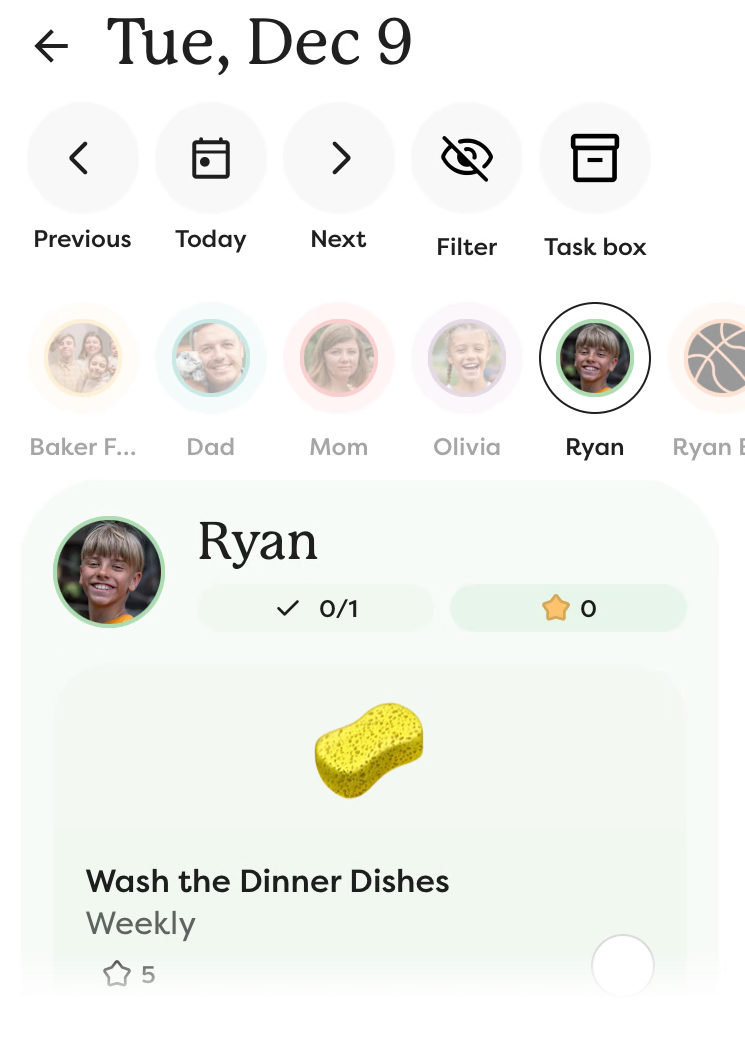 The tasks view, displaying Ryan’;s task of washing the dinner dishes.