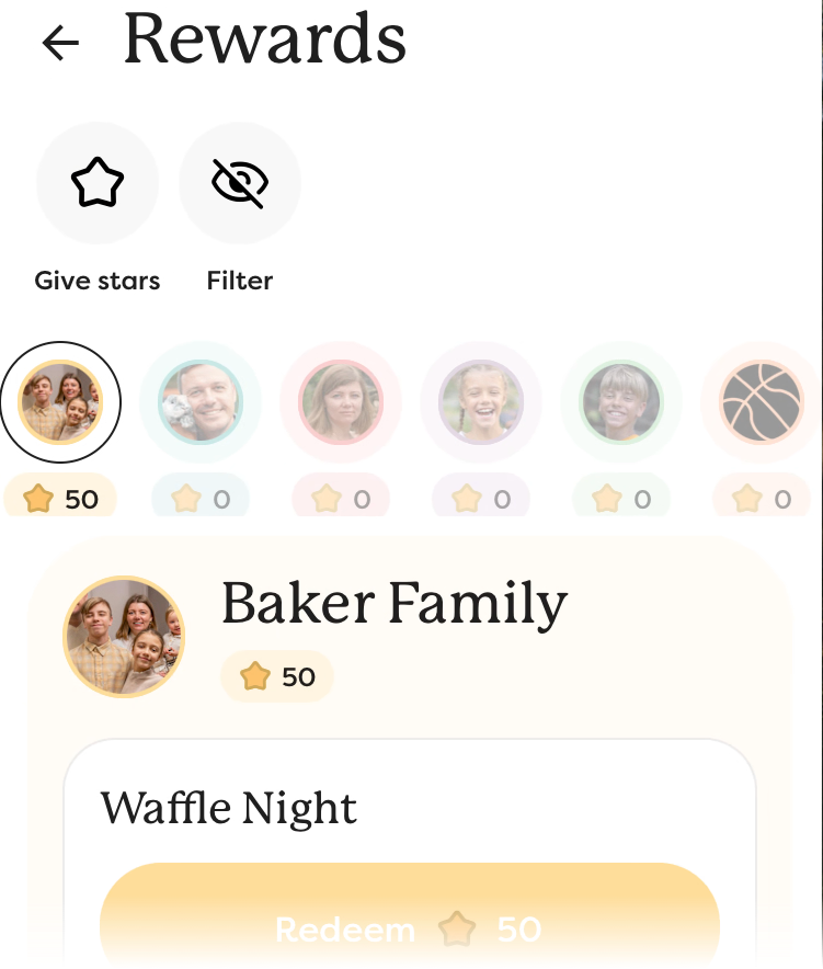 The Rewards screen, showing an available reward of Waffle Night, redeemable for 50 stars..