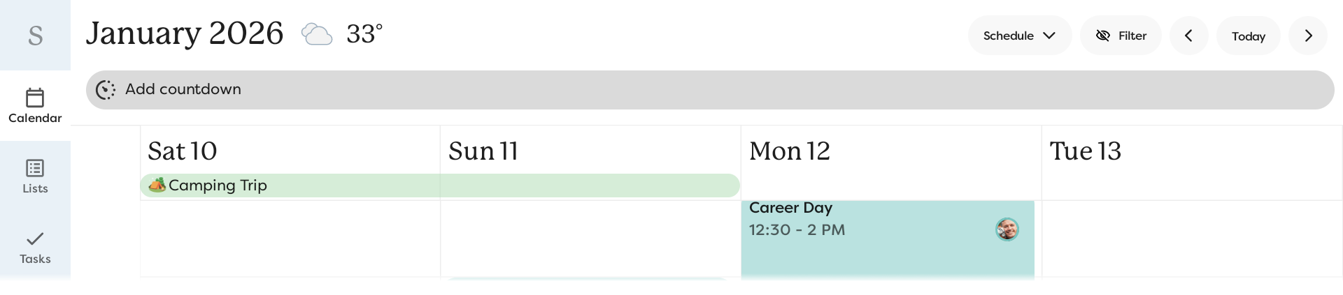 The schedule view, showing a camping trip spanning two days.