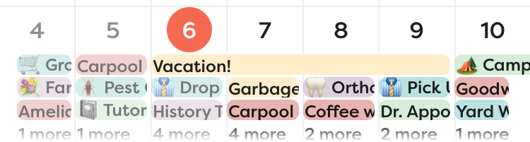A view of the calendar with a multi-day event of "Vacation" appearing as one bar across four days..
