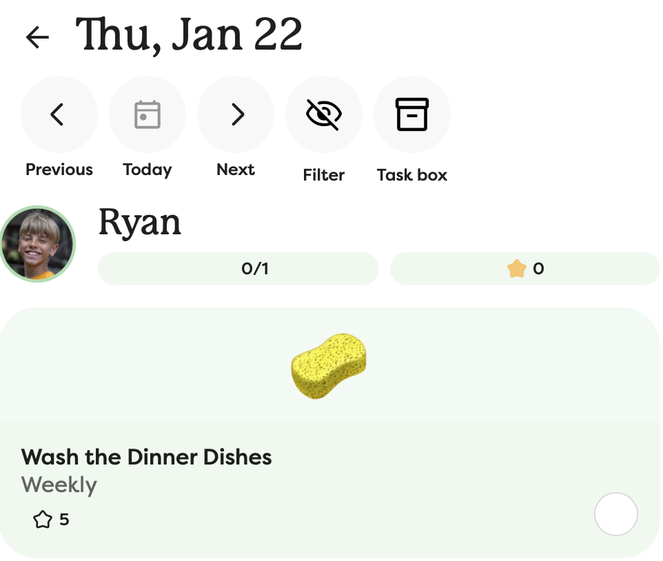 The tasks view, displaying Ryan’s task of washing the dinner dishes.