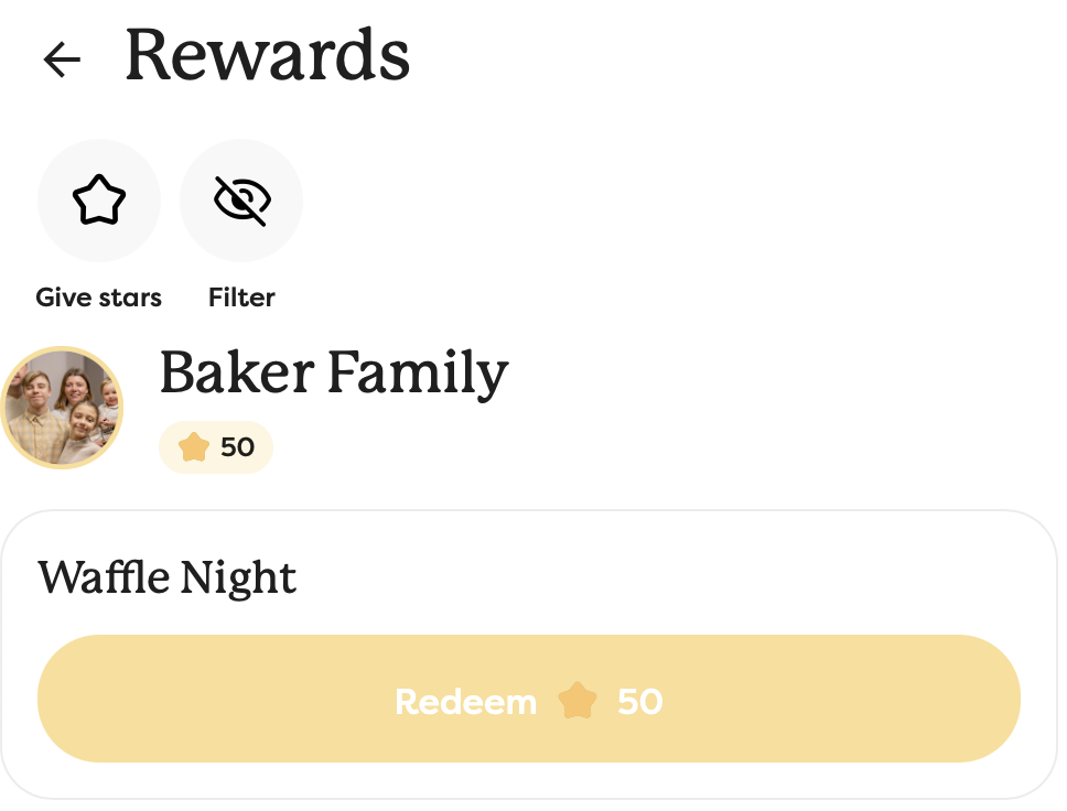 The reward view, showing the Gardener family has enough stars for waffle night.