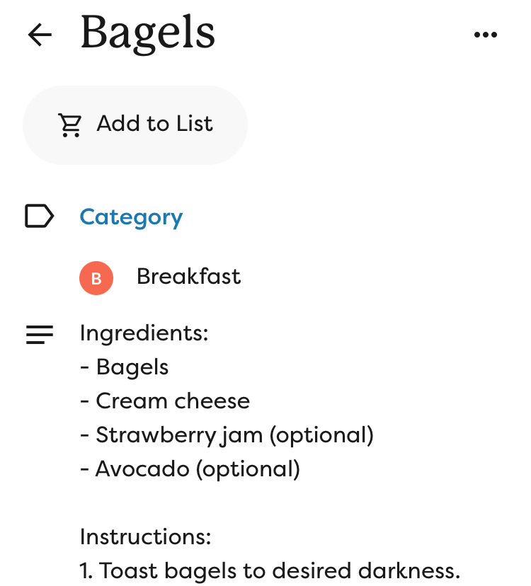Recipe details displayed, showing the recipe for bagels.
