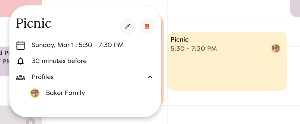 ALT: A calendar event, and a pop-up with event details of date, reminder status, and associated Profiles.