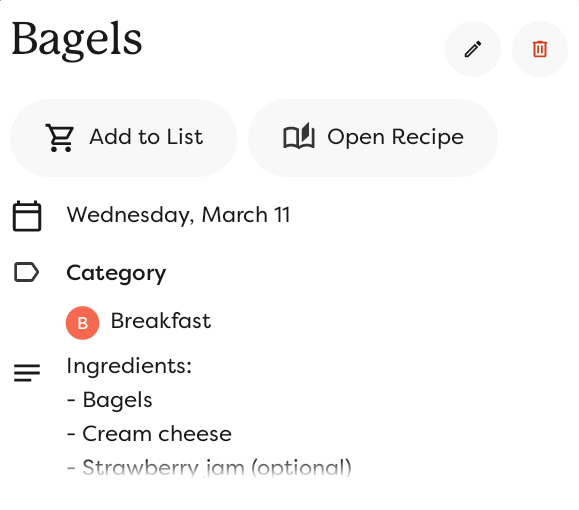 A detail view of a recipe pop-up in the meal planner. Use the Open Recipe button to show the recipe full screen,