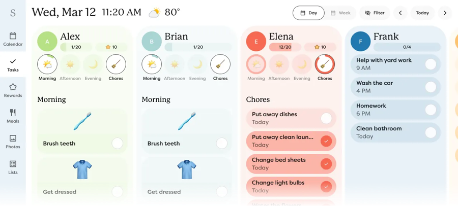 Day view of tasks, showing a list of Chores and Routines for each Profile.