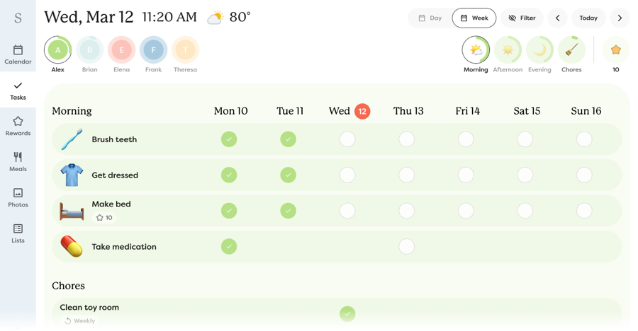 Week view of tasks, showing Chores and Routines for one Profile.
