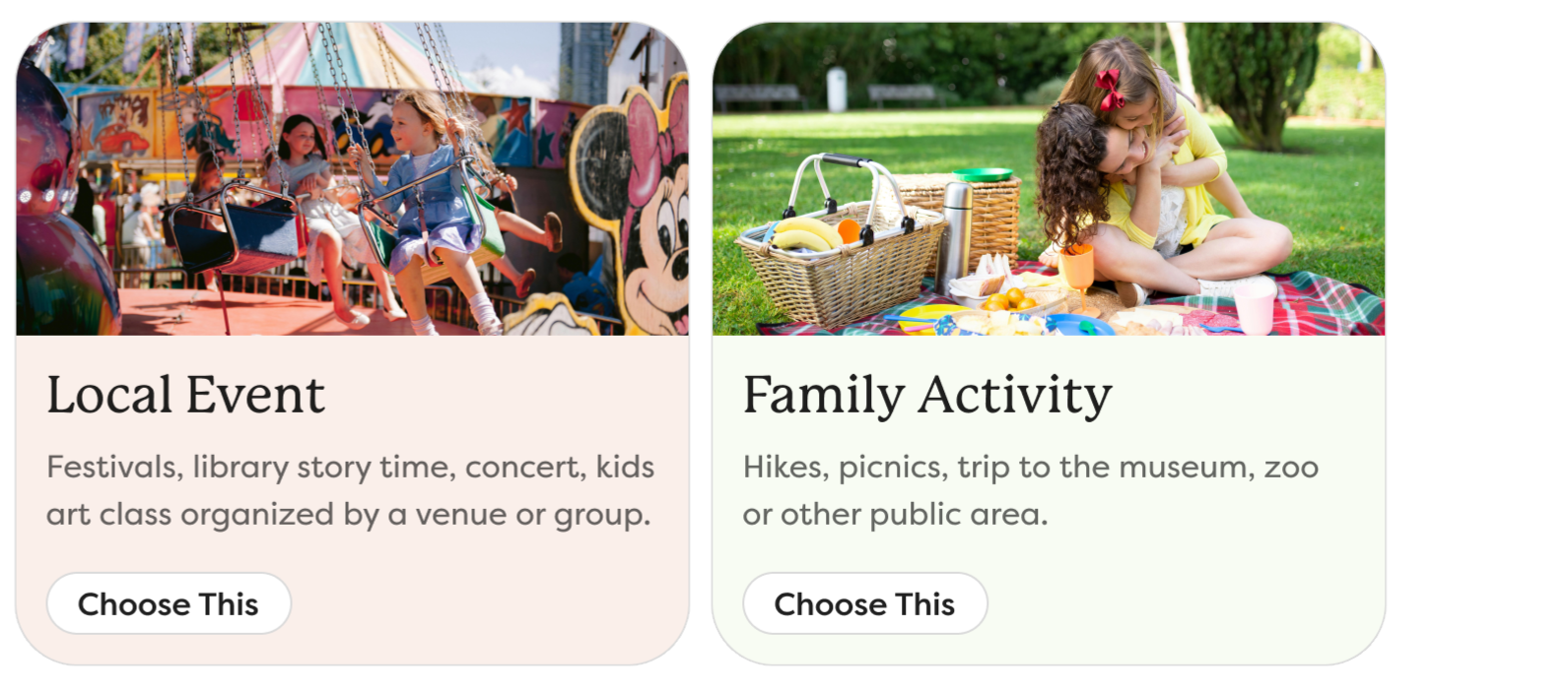 Tiles showing the choice between looking for a Local Event or a Family Activity.