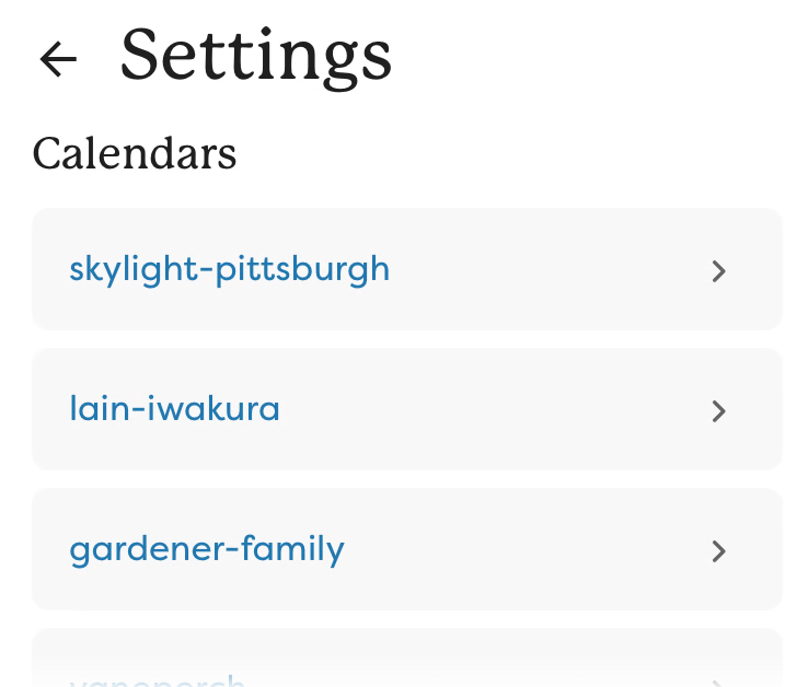 Device selection menu showing a choice of calendars.