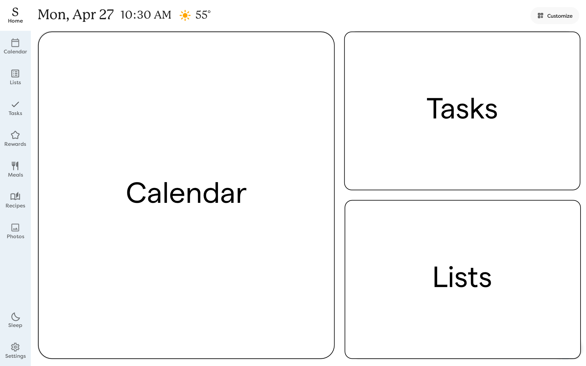 The Home Screen has three areas: Calendar, Tasks, and Lists.