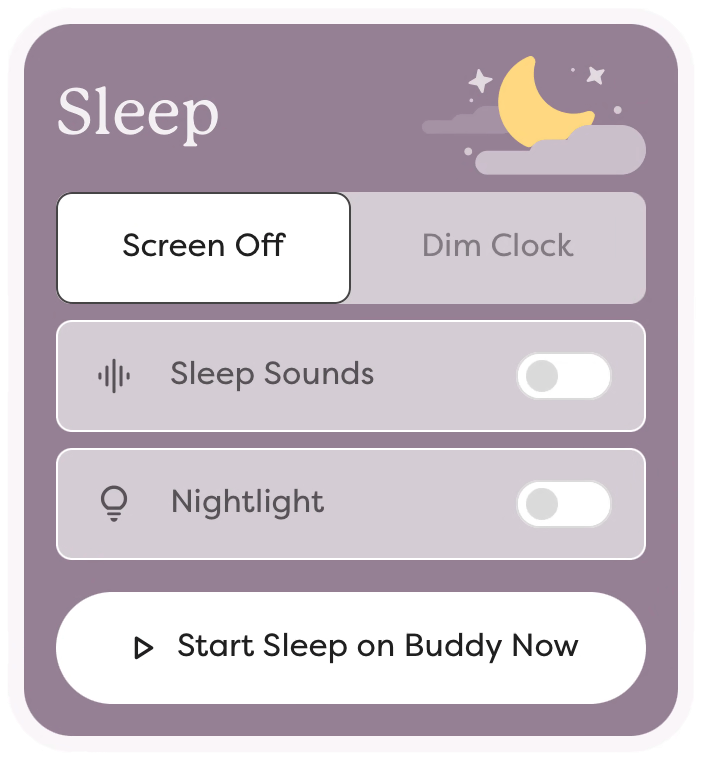 Sleep settings panel, with settings for screen dim/off, sounds, and nightlight