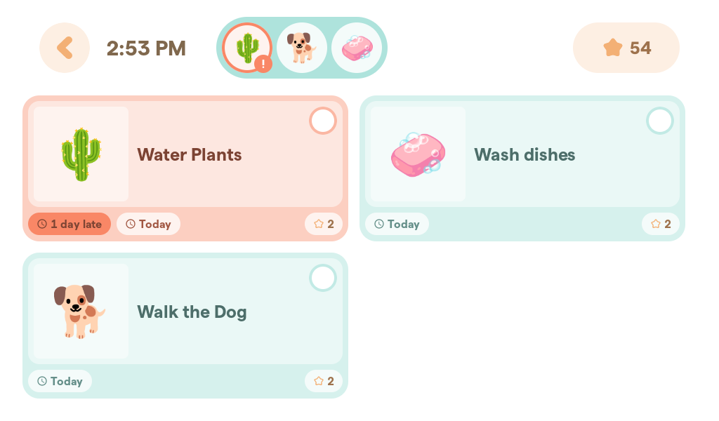 The chores screen, showing three chores, one overdue.