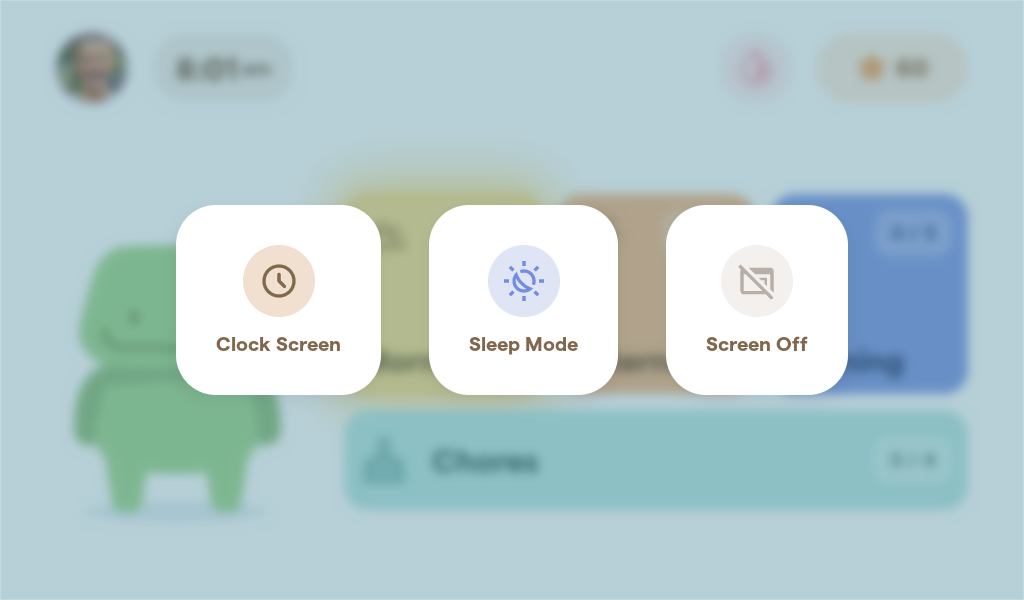 A long press on the clock button shows three options: clock, sleep mode, and screen off.