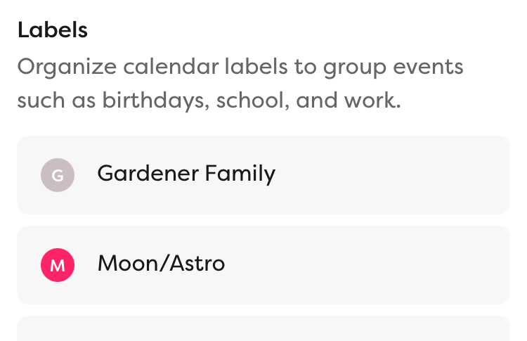 The Labels list, showing Labels for Gardener Family and Moon/Astro, a public calendar with phases of the moon.