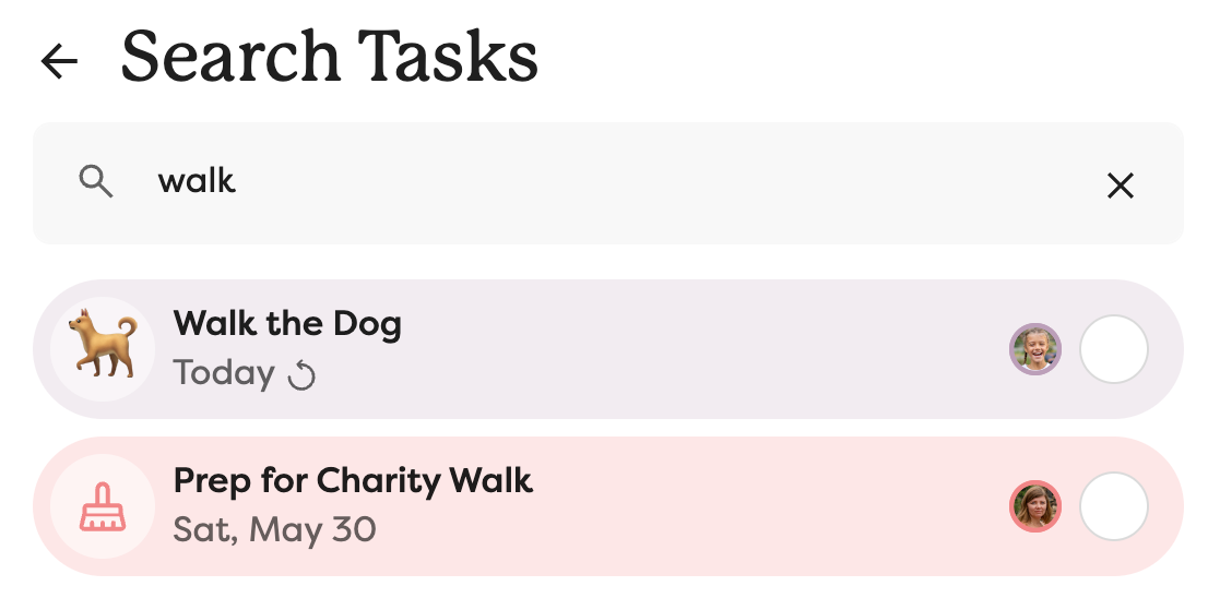 A search of the task list for “walk”, showing two results.