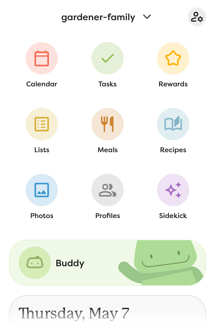 The Skylight Mobile App homescreen, showing the current household and available features.