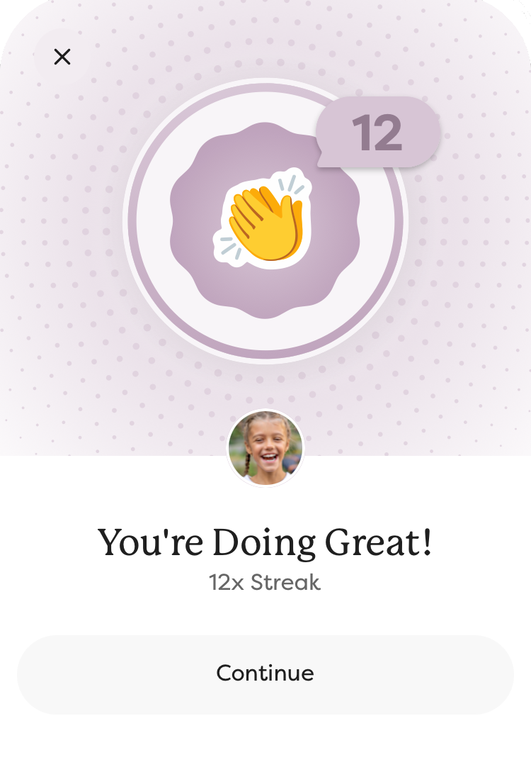 A message encouraging Olivia for completing a 12 day streak.