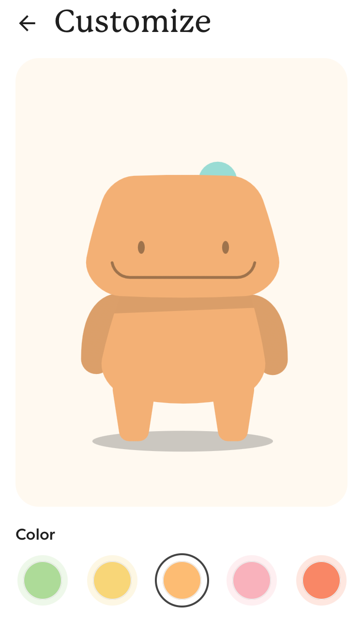 The Buddy color customization screen, with Buddy's color changed to orange.