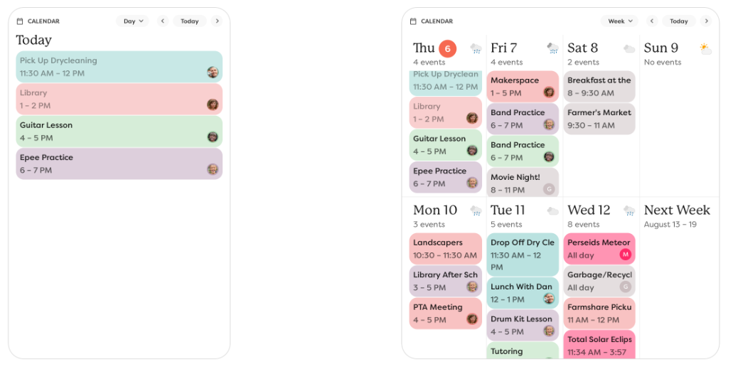 Two views of the calendar in the home screen: day view and week view.